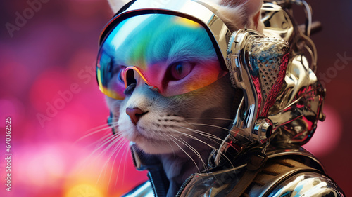 Futuristic cyber cats with fashionable clothes and accessories