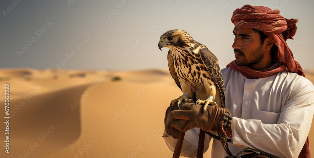 Portrait arabic middle-eastern man wearing arab kandura holding falcon in the desert - obrazy, fototapety, plakaty 