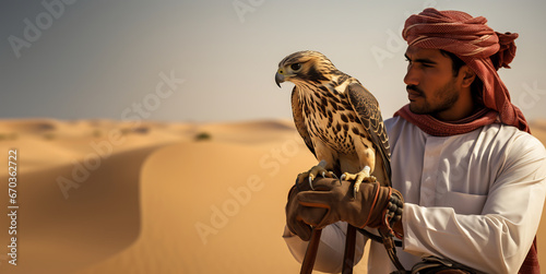 Portrait arabic middle-eastern man wearing arab kandura holding falcon in the desert photo