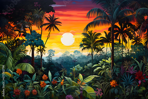 colourful painting of the jungle landscape, a picturesque natural environment in harmonious colours