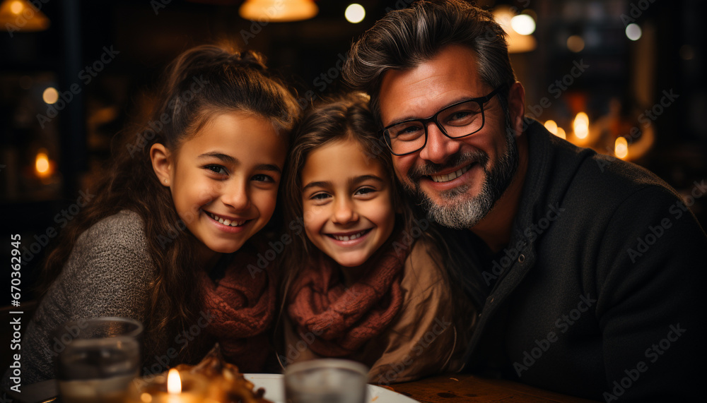 Smiling family sitting together, enjoying winter night, looking at camera generated by AI