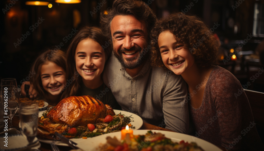 Smiling family enjoying meal, looking at camera, full of happiness generated by AI