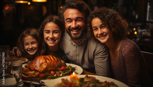 Smiling family enjoying meal, looking at camera, full of happiness generated by AI