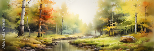 watercolour painting of the forest landscape  a picturesque natural environment in harmonious colours