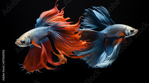 Colorful betta fish or siamese fighting fish with flower tail and fins isolated on black background