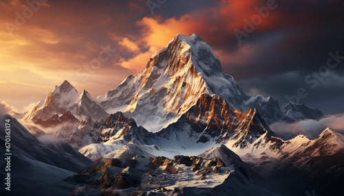 Majestic mountain peak, snow covered landscape, sunset over panoramic range generated by AI