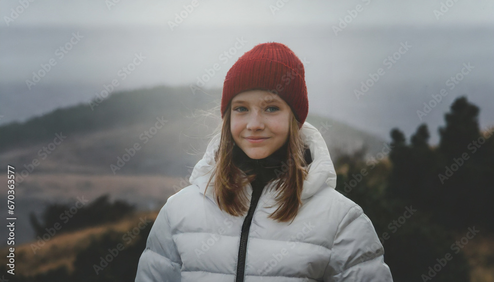Portrait of a teen girl wearing a white down jacket and red beanie in winter nature Portrait of a teen girl wearing a white down jacket and red beanie in winter nature