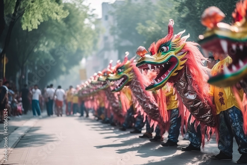 Performance of Figures of Dragons in a Parade in China © santypan