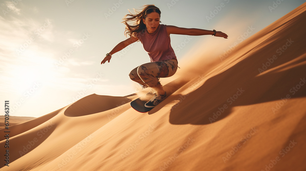 Young woman sandboarding from high dunes, tourist sandboarding in the desert - obrazy, fototapety, plakaty 