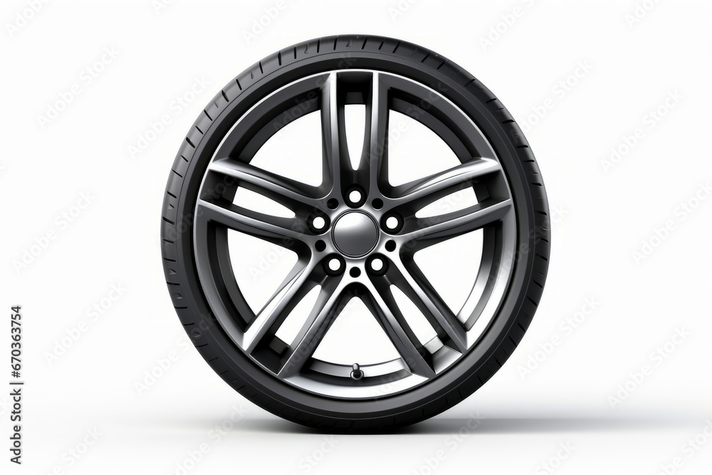 Wheel on white background with shadow on the ground.
