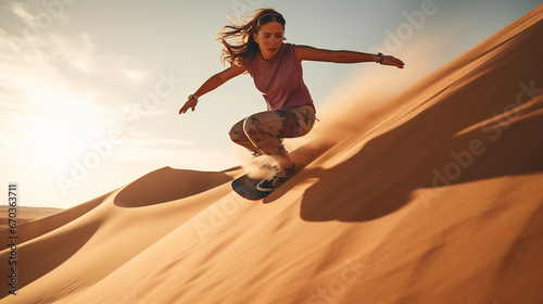 Young woman sandboarding from high dunes, tourist sandboarding in the desert photo