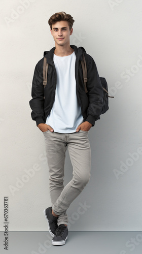 Handsome man student posing against solid background