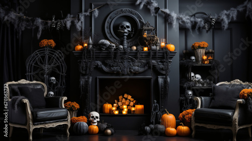 Fireplace decorated for Halloween party