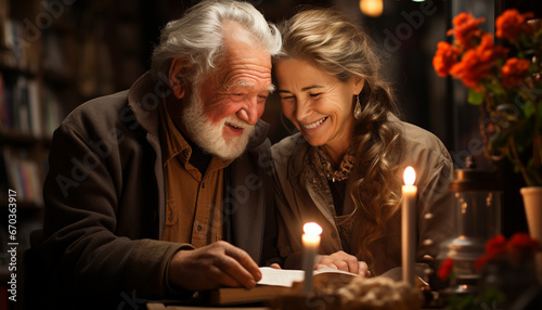 Senior couple enjoying candlelight, smiling and holding hands with love generated by AI