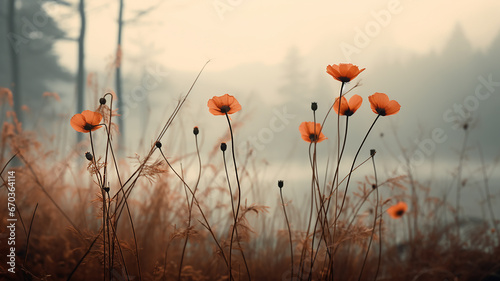 wild flowers, landscape in the mountains autumn fog on the field in the morning © kichigin19