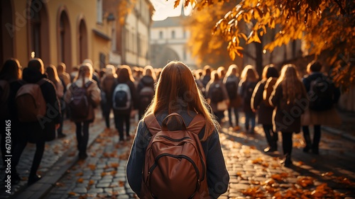 view from the back children go to school with backpacks on autumn street back to school