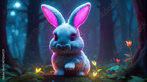 Red-eyed rabbit in a dark forest, a terrifying sight. Generative AI.