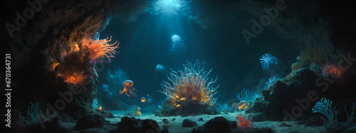 Underwater Realm: Deep Ocean, Coral Reef. Generative AI.