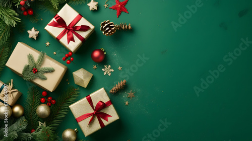 Green background with christmas decorative items such as red bow,gold gift box,gold star,green bow and gold bell,Festive Holiday Decorations,Top view copyspace