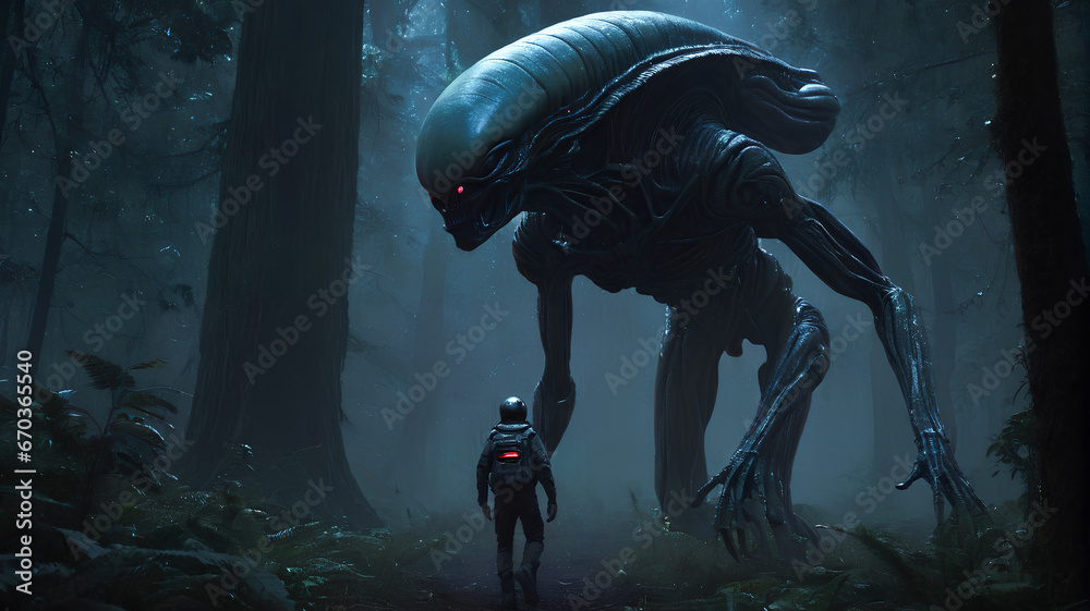 Aliens in the Heart of the Forest: an extraterrestrial encounter in the midst of a lush woodland. Generative AI. Aliens in the Heart of the Forest: an extraterrestrial encounter in the midst of a lush woodland. Generative AI.