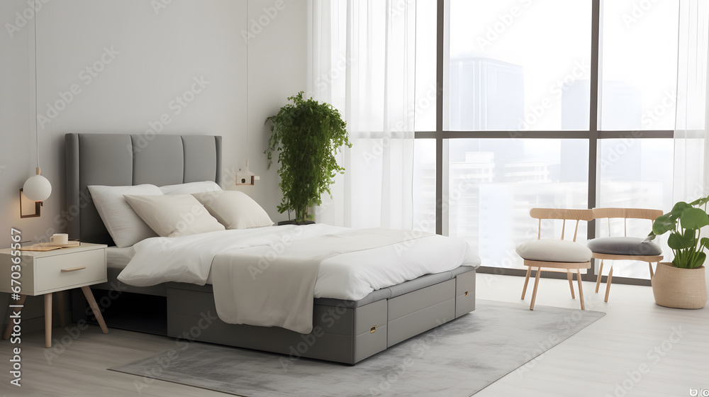 interior of a bedroom with a bed, Stylish bedroom interior with large comfortable bed and ottoman near window