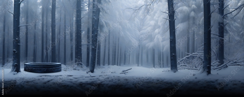 Winter tires in snowy forest with empty space Generative AI Winter tires in snowy forest with empty space Generative AI