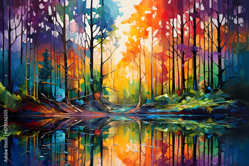 colourful impressionist painting of the forest landscape, a picturesque natural environment in bright harmonious colours