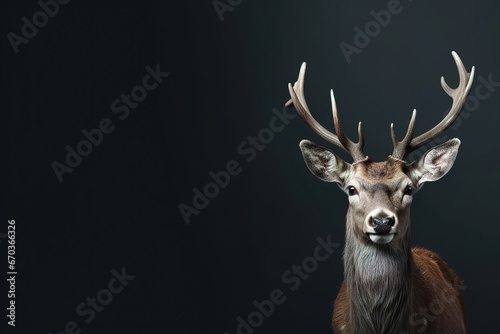 Photographie Front view of a axis deer on black background