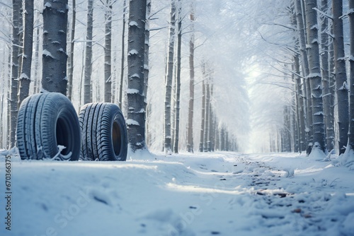 Winter tires in snowy forest with empty space Generative AI © LayerAce.com