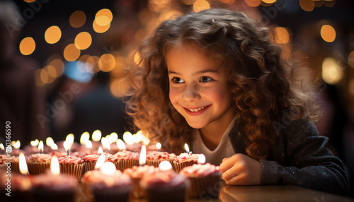 Smiling child holds candle  cute celebration  cheerful girls enjoy flame generated by AI