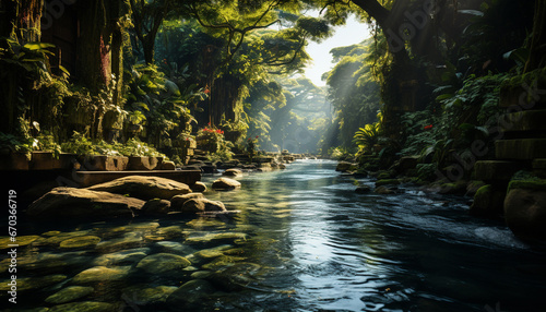 Tranquil scene tropical rainforest  flowing water  green trees  rocky cliffs generated by AI