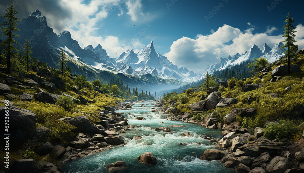 Obraz premium Majestic mountain peak reflects in tranquil flowing water generated by AI