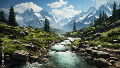 Majestic mountain peak, tranquil meadow, flowing water, green forest generated by AI