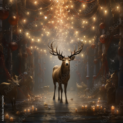 Santa Claus reindeer with christmas lights standing in the night. New Year festive atmosphere