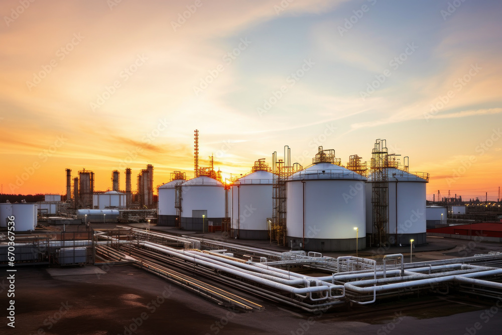 Obraz premium Oil refinery plant from industry zone, Aerial view oil and gas industrial, Refinery factory oil storage tank and pipeline steel at sunset. Smoke from the pipes.