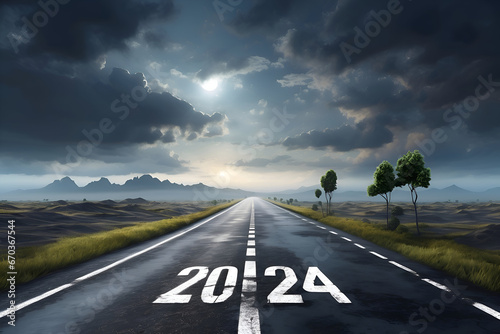 year 2024 written on the road, new year, a road going to infinity  photo