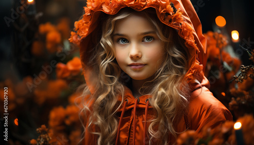 A cute blond girl smiling, looking at camera in autumn generated by AI
