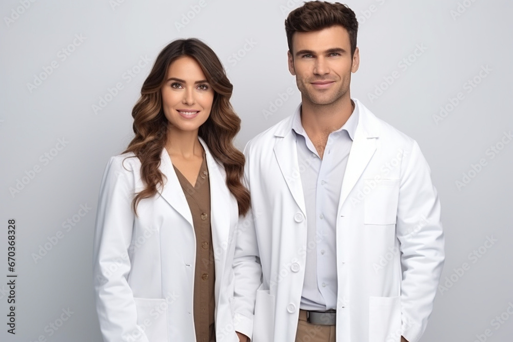 Young couple Doctor posing against white background Young couple Doctor posing against white background