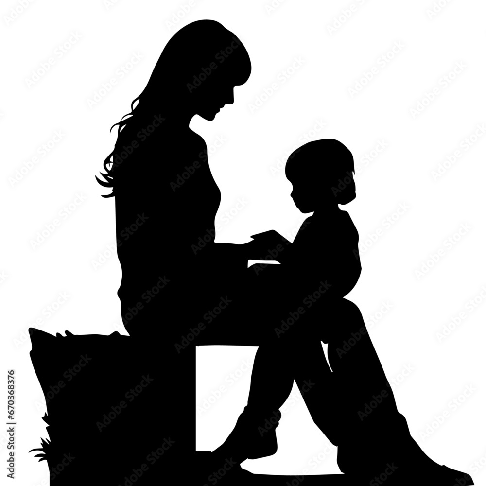 A mother reading book her child vector silhouette