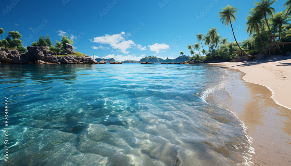 Tranquil summer waters edge, turquoise wave, palm tree, tropical paradise generated by AI
