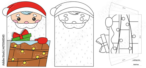 Christmas paper pocket with Santa Claus for advent calendar. Coloring page for kids creativity