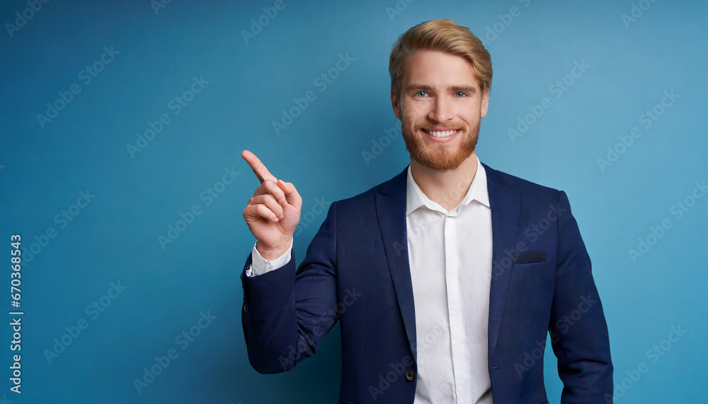 Cheerful Executive: Bearded Businessman Points to Ad Space Cheerful Executive: Bearded Businessman Points to Ad Space