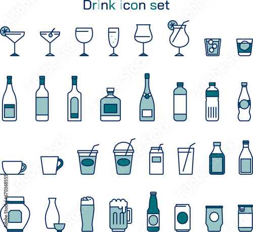 ドリンクのアイコンイラストセット　シンプル　線画　飲み物　飲食　広告　白背景　アルコール　青