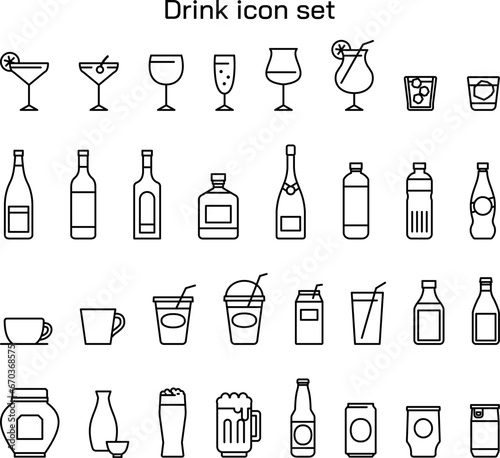 ドリンクのアイコンイラストセット　シンプル　線画　飲み物　飲食　広告　白背景　アルコール　白黒