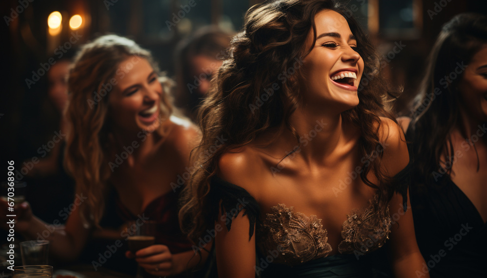 Young women smiling, enjoying nightlife, friendship, and laughter at nightclub generated by AI