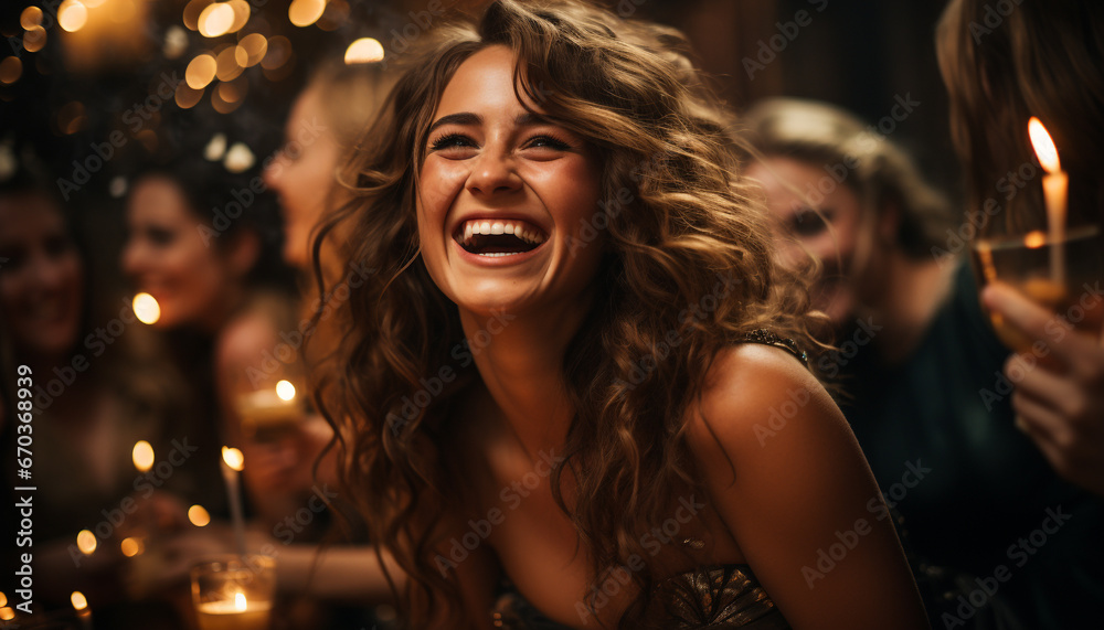 Young women enjoying a carefree night, smiling and laughing together generated by AI