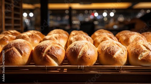 Freshly baked bread on shelf in bakery shop, closeup.