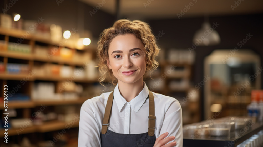 Entrepreneur or confident smiling businesswoman owner of retail store pastry shop Entrepreneur or confident smiling businesswoman owner of retail store pastry shop