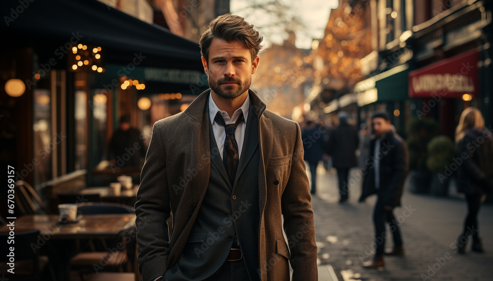 Confident businessman in suit, looking at camera, standing outdoors generated by AI