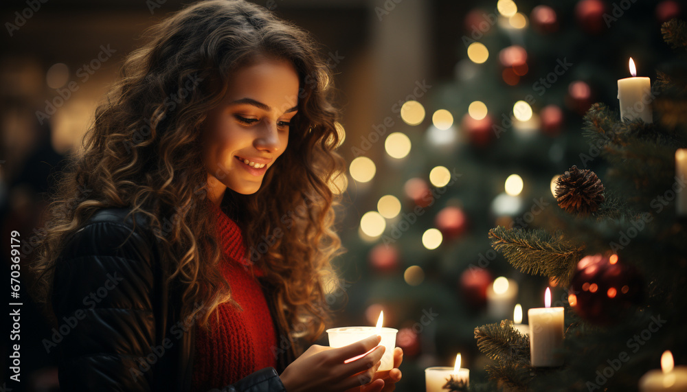 A smiling woman enjoys the warmth of a candle flame generated by AI A smiling woman enjoys the warmth of a candle flame generated by AI